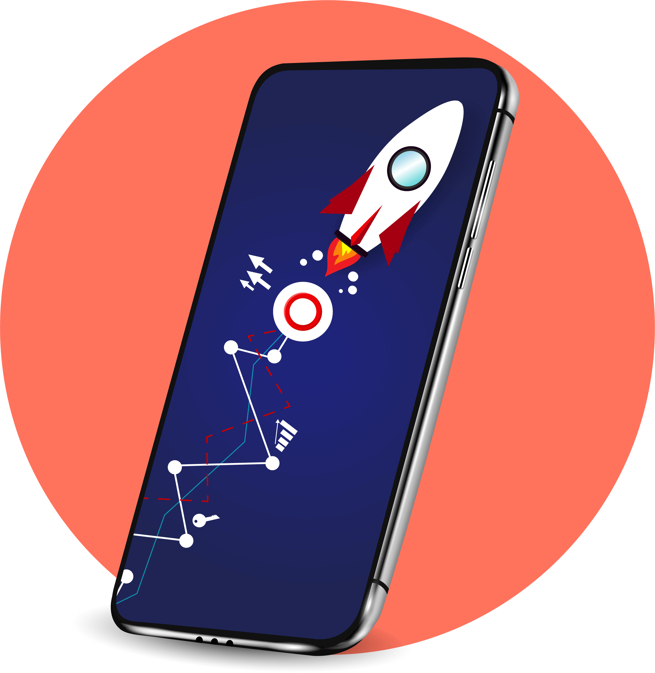 Phone with illustration of rocket ship on screen